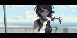  :/ black_eyes black_hair black_vest blush closed_mouth cloud cloudy_sky collared_shirt commentary day female floating_hair green_necktie hand_up highres letterboxed long_hair long_sleeves low_twintails necktie outdoors photoshop_(medium) ren_(gh) shirobako shirt sky solo twintails upper_body vest white_shirt wind wing_collar yasuhara_ema 