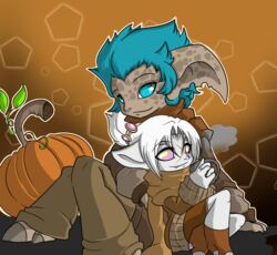  asura autumn beverage blue_eyes blue_hair clothing coffee coffee_mug container costume cup dhibb duo enjoyment food fruit gaze guild_wars hair humanoid kiar love plant pumpkin purple_eyes romantic romantic_couple scarf season smile twili_z white_hair 