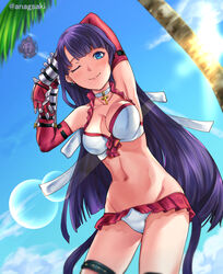  aona_(anagasaki) bad_id bad_pixiv_id bikini blue_eyes blue_sky blunt_bangs breasts center_opening choker cleavage cloud commentary_request cowboy_shot cross cross_necklace day earrings fate/grand_order fate_(series) female frilled_bikini frills gauntlets gloves jewelry large_breasts martha_(fate) martha_(swimsuit_ruler)_(fate) martha_(swimsuit_ruler)_(third_ascension)_(fate) navel necklace one_eye_closed palm_tree purple_hair red_gloves sky smile solo straight_hair swimsuit tarasque_(fate) thigh_strap tree twitter_username 