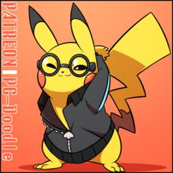  1:1 2019 arms_above_head black_border border clothing dipstick_ears ear_markings eyewear fur generation_1_pokemon jacket male mammal multicolored_ears nintendo one_eye_closed pc-doodle pikachu pokemon pokemon_(species) simple_background smile solo standing stretching topwear yellow_body yellow_fur 