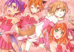  &gt;_&lt; 2girls 3boys alisa_kirsten animal_ears bad_id bad_twitter_id blush bow brown_hair cat_ears choker closed_eyes commentary_request crossdressing demon_boy dog_boy dog_ears dog_tail double_bun from_behind green_eyes hair_between_eyes hair_bun hairbow horns long_hair magical_girl multiple_boys multiple_girls no_nose oerba_yun_fang one_eye_closed open_mouth orange_hair otoko_no_ko pleated_skirt pointy_ears pop-up_story purple_hair selim_spark short_hair skirt smile staff sweatdrop tail ursula_raiment wellow_ryu wings yuuri_lessen ziz_glover 