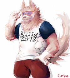  anthro arctic_wolf arm_markings ball blue_eyes bottomwear canid canine canis clothed clothing digital_media_(artwork) ears_up english_text eyewear fd-caro fifa fully_clothed fur goggles hi_res holding_ball holding_object male mammal markings mascot one_eye_closed russia russian shaded shirt shorts simple_background soccer soccer_ball solo sport t-shirt tan_body tan_fur text text_on_clothing text_on_shirt text_on_topwear topwear white_markings wink wolf world_cup zabivaka 