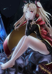  absurdres bad_id bad_pixiv_id bare_legs black_dress blonde_hair bow cape commentary_request dress earrings ereshkigal_(fate) fate/grand_order fate_(series) female hairbow highres jewelry ka1se1 long_hair looking_at_viewer parted_bangs photoshop_(medium) red_bow red_cape red_eyes shooting_star single_sleeve sitting solo tiara 