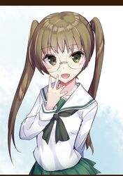  arm_behind_back black_neckerchief blouse brown_eyes brown_hair commentary female girls_und_panzer glasses green_skirt hair_tie hand_to_own_mouth letterboxed long_hair long_sleeves looking_at_viewer miniskirt neckerchief ooarai_school_uniform oono_aya open_mouth pleated_skirt round_eyewear school_uniform serafuku shirt single_stripe skirt smile solo standing tenrai twintails upper_body white_background white_shirt 