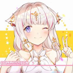  animal_ears bad_id bad_pixiv_id blue_eyes blush cat_ears commission cross dr_woodpecker dress female hair_ornament hands_up highres long_hair one_eye_closed original simple_background smile upper_body v white_dress white_hair 