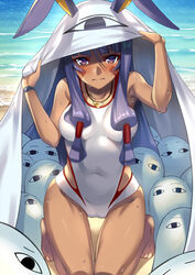  beach commentary_request cosplay covered_navel dark-skinned_female dark_skin day facepaint facial_mark fate/grand_order fate_(series) female gia_kon kneeling long_hair looking_at_viewer medjed_(fate) medjed_(fate)_(cosplay) nitocris_(fate) nitocris_(swimsuit_assassin)_(fate) nitocris_(swimsuit_assassin)_(second_ascension)_(fate) ocean one-piece_swimsuit purple_eyes purple_hair swimsuit white_one-piece_swimsuit 