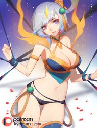  alternate_costume alternate_hair_color alternate_hairstyle armlet black_panties blue_eyes breasts cleavage cleavage_cutout clothing_cutout commentary cowboy_shot english_commentary female hair_ornament jewelry league_of_legends lunar_empress_lux lux_(league_of_legends) medium_breasts navel no_pants panties patreon_logo patreon_username solo songjikyo underwear watermark white_hair 