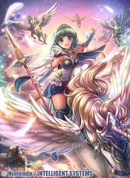  blue_eyes blue_hair blush boots cape celdia_(fire_emblem) cloud commentary_request faceless faceless_female feathered_wings feathers female fire_emblem fire_emblem:_hasha_no_tsurugi fire_emblem_cipher fumi_(butakotai) helmet official_art open_mouth pegasus pegasus_knight_uniform_(fire_emblem) photoshop_(medium) polearm sparkle spear teeth thighhighs tiara weapon wings 