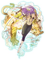  1boy arai_teruko blue_eyes eyes_visible_through_hair flower full_body hachisuka_kotetsu hachisuka_kotetsu_(kiwame) hair_over_one_eye highres katana long_hair male_focus official_art pectorals petals purple_hair solo sword tiger topless_male touken_ranbu transparent_background veil weapon 