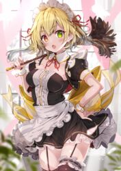  :o apron bare_arms black_dress black_thighhighs blonde_hair blush breasts charlotte_(shironeko_project) commentary_request day detached_sleeves dress female frills fuku_kitsune_(fuku_fox) green_eyes hair_ornament hair_ribbon heterochromia highres indoors looking_at_viewer maid maid_apron maid_headdress medium_breasts oerba_yun_fang puffy_short_sleeves puffy_sleeves red_eyes red_ribbon ribbon shironeko_project short_dress short_hair short_sleeves sleeveless sleeveless_dress solo thighhighs window wrist_cuffs yellow_eyes zettai_ryouiki 