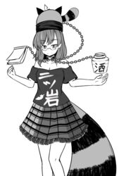  &gt;:) animal_ears clothes_writing commentary_request cosplay female futatsuiwa_mamizou ganmaganmo glasses greyscale hecatia_lapislazuli hecatia_lapislazuli_(cosplay) highres knees_together_feet_apart leaf leaf_on_head miniskirt monochrome notepad off-shoulder_shirt off_shoulder pince-nez plaid plaid_skirt pose raccoon_ears raccoon_tail shirt skirt slit_pupils smile smug solo tail tokkuri touhou translated tsurime v-shaped_eyebrows 