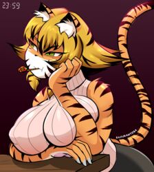  anthro big_breasts blonde_hair breasts felid female hair hi_res huge_breasts kemono mammal noisemaker pantherine saffron_(safurantora) safurantora solo tiger 