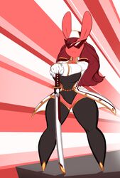  2018 anthro averyshadydolphin big_breasts breasts clothed clothing eliza_(averyshadydolphin) eyewear female fur hair hat headgear headwear hi_res holding_melee_weapon holding_object holding_sword holding_weapon jacket katana lagomorph legwear leotard leporid long_hair mammal melee_weapon pink_body pink_fur rabbit red_hair solo standing stockings sunglasses sword thick_thighs topwear weapon wide_hips 