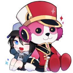  +_+ :3 ;d animal_costume band_uniform bang_dream! baseball_cap bear_costume black_hair black_shorts blue_eyes blue_jacket chibi clothes_writing commentary female grey_hoodie hair_between_eyes hat headphones hood hood_down hoodie jacket kongya long_sleeves mascot_costume michelle_(bang_dream!) okusawa_misaki one_eye_closed open_mouth red_footwear sash shako_cap shorts simple_background sitting smile solo sparkle sweatdrop white_background white_legwear wrist_cuffs 