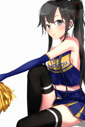  bad_id bad_pixiv_id bare_shoulders black_hair blush breasts cheerleader elbow_gloves female gloves grey_eyes hair_ornament highres ka1se1 long_hair looking_at_viewer low-cut_armhole midriff photoshop_(medium) sideboob simple_background solo thighhighs yahari_ore_no_seishun_lovecome_wa_machigatteiru. yukinoshita_yukino 