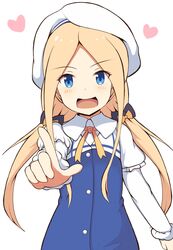  :d abigail_williams_(fate) absurdres beret blonde_hair blue_dress blue_eyes blush commentary_request cosplay dress fate/grand_order fate_(series) female forehead hair_ornament hair_scrunchie hat head_tilt heart highres hinatsuru_ai hinatsuru_ai_(cosplay) index_finger_raised layered_sleeves long_hair long_sleeves looking_at_viewer low_twintails mitchi open_mouth outstretched_arm parted_bangs puffy_short_sleeves puffy_sleeves ryuuou_no_oshigoto! school_uniform scrunchie short_over_long_sleeves short_sleeves simple_background smile solo twintails very_long_hair white_background white_hat yellow_scrunchie 