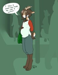  2016 anthro antlers belly bottomwear braided_hair bullydog clothing digitigrade hair horn jackalope lagomorph male mammal messenger_bag micah_(patchworkjackalope) mythical pants pregnant pregnant_anthro pregnant_male shirt solo speech_bubble text topwear 