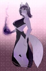  anthro big_breasts biped breasts canid canine clothing crown dress female headgear looking_at_viewer magic_user mammal mrsakai purple_eyes smile solo standing tiara 