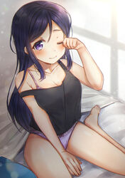  ;) bad_id bad_pixiv_id barefoot bed bed_sheet black_tank_top blue_hair blush bra_strap breasts cleavage commentary female hair_between_eyes hair_down highres indoors lace lace-trimmed_panties lace_trim lens_flare lens_flare_abuse long_hair looking_at_viewer love_live! love_live!_sunshine!! matsuura_kanan mkzk_nagi on_bed one_eye_closed panties purple_eyes purple_panties rubbing_eyes sitting sleeveless smile solo strap_slip tank_top thighs underwear waking_up wariza window 