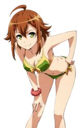  ahoge artist_request bare_shoulders bikini breasts brown_hair cleavage collarbone female green_bikini green_eyes hair_ornament hairclip hand_on_own_hip hand_on_own_knee highres ibara_yuu looking_at_viewer medium_breasts navel ryuugajou_nanana_no_maizoukin scan scrunchie short_hair simple_background smile solo swimsuit white_background wrist_scrunchie 