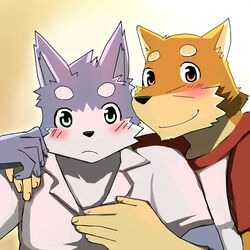  1:1 2015 5_fingers anthro bearlovestiger13 black_nose blush canid canine canis clothed clothing countershading domestic_dog duo fingers lagoon_lounge male mammal natsume_(tooboe_bookmark) seiya_inami smile tooboe_bookmark 