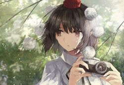  black_hair black_ribbon branch brown_eyes camera commentary female hat highres holding holding_camera leaf looking_to_the_side neck_ribbon parted_lips pointy_ears pom_pom_(clothes) puffy_short_sleeves puffy_sleeves ribbon shameimaru_aya shirt short_hair short_sleeves solo symbol-only_commentary thkani tokin_hat touhou upper_body white_shirt wing_collar 