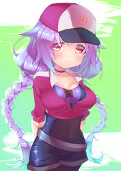  arms_behind_back bad_id bad_pixiv_id baseball_cap blush braid breasts brown_eyes choker cleavage closed_mouth collarbone commentary_request cosplay female female_protagonist_(pokemon_go) female_protagonist_(pokemon_go)_(cosplay) hair_between_eyes hair_flaps hat head_tilt highres leggings long_hair looking_at_viewer medium_breasts okou_(oshiro_project) oshiro_project:re photoshop_(medium) pokemon pokemon_go purple_hair shaneru signature smile solo twin_braids very_long_hair 