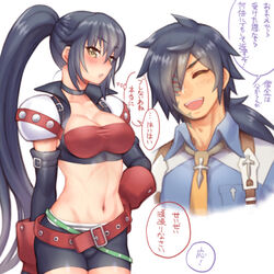  1boy alternate_hairstyle bad_id bad_pixiv_id belt bike_shorts black_hair black_neckwear black_shorts blue_shirt choker closed_eyes commentary_request cosplay cowboy_shot crop_top female folks_(nabokof) gloves hair_over_one_eye hand_on_own_hip high_ponytail in-franchise_crossover long_hair ludger_will_kresnik ludger_will_kresnik_(cosplay) midriff navel necktie official_cosplay open_mouth orange_necktie ponytail popped_collar red_gloves rokurou_rangetsu rutee_katrea rutee_katrea_(cosplay) shirt short_shorts shorts shoulder_pads smile tales_of_(series) tales_of_berseria tales_of_destiny tales_of_xillia tales_of_xillia_2 translation_request velvet_crowe yellow_eyes 