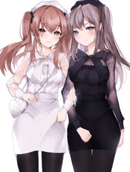  2girls :3 bag beret black_bow black_headwear black_pantyhose black_shirt black_skirt blouse blush bow breasts brown_eyes brown_hair casual commentary cowboy_shot girls&#039;_frontline grey_eyes grey_hair hair_between_eyes hair_ornament hairbow hairclip handbag hat highres locked_arms long_hair long_sleeves looking_at_viewer multiple_girls pantyhose peanutc photoshop_(medium) scar scar_across_eye scar_on_face shirt simple_background skirt smile twintails ump45_(girls&#039;_frontline) ump9_(girls&#039;_frontline) white_background white_headwear white_shirt white_skirt 