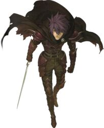  1boy absurdres armored_boots boots brown_eyes cape deen_(fire_emblem_gaiden) fire_emblem fire_emblem_echoes:_shadows_of_valentia full_body gloves hidari_(left_side) highres male_focus official_art one_eye_closed purple_hair scan scar solo sword torn_clothes transparent_background weapon 