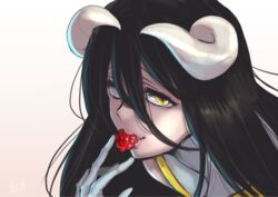  albedo_(overlord) berry black_hair commentary_request eating female horns lipstick long_hair looking_at_viewer makeup masiro overlord_(maruyama) slit_pupils solo upper_body yellow_eyes 