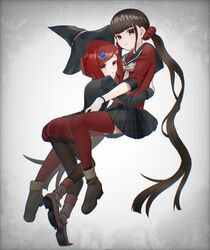  2girls black_headwear black_jacket black_pantyhose black_sailor_collar black_skirt blue_flower blunt_bangs boots brown_hair commentary_request danganronpa_(series) danganronpa_v3:_killing_harmony euphoniummatsu floating_hair flower full_body grey_background hair_flower hair_ornament harukawa_maki hat highres hug jacket long_hair long_sleeves looking_at_viewer miniskirt multiple_girls pantyhose parted_bangs plaid plaid_skirt pleated_skirt red_eyes red_legwear red_shirt red_skirt sailor_collar shirt short_hair skirt thighhighs twintails very_long_hair witch_hat yumeno_himiko zettai_ryouiki 