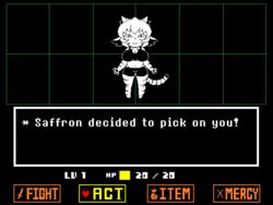  &gt;:3 4:3 anthro big_breasts breasts cleavage clothed clothing english_text felid female fully_clothed gui kemono looking_at_viewer mammal pantherine saffron_(safurantora) safurantora solo standing stripes text tiger undertale undertale_(series) 