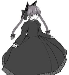  animal_ears bow braid cat_ears commentary_request dress extra_ears fangs female ganmaganmo greyscale hair_ribbon hairbow juliet_sleeves kaenbyou_rin long_dress long_hair long_sleeves looking_at_viewer monochrome pointy_ears puffy_sleeves ribbon solo touhou tsurime twin_braids very_long_hair 