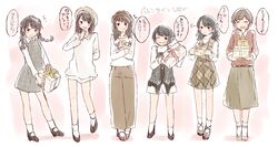  6+girls :d ;) ^_^ akaneya_himika arm_behind_back black_dress black_footwear black_hair box braid brown_dress brown_hair brown_headwear brown_pants brown_skirt closed_eyes commentary_request dress gift gift_box highres holding holding_gift iris_(band) kubota_miyu long_hair long_sleeves multiple_girls navel one_eye_closed open_mouth pants pinafore_dress plaid plaid_dress puff_of_air real_life serizawa_yuu shibuya_azuki shirt short_hair skirt sleeveless sleeveless_dress smile socks standing taneda_yuuta translation_request twin_braids valentine voice_actor wakai_yuuki white_legwear white_shirt yamakita_saki 