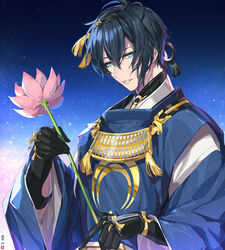  1boy black_gloves blue_eyes blue_hair commentary_request flower gloves hair_ornament hebino_rai holding holding_flower japanese_clothes long_sleeves lotus male_focus mikazuki_munechika parted_lips pink_flower sayagata sky smile solo star_(sky) starry_sky tassel touken_ranbu upper_body wide_sleeves 