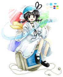  :d black_hair braid bucket_hat color_guide commentary crt dress electric_plug female folder hat huyusilver looking_at_viewer mary_janes microsoft official_style open_mouth original parody personification red_eyes shoes smile solo style_parody symbol-only_commentary touhou twin_braids windows_8 wings zun_(style) 