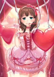  bekkourico blue_eyes blush breasts brown_hair commentary_request corset dress earrings female gloves hairband heart idolmaster idolmaster_cinderella_girls idolmaster_cinderella_girls_starlight_stage jewelry looking_at_viewer medium_breasts mouth_hold ribbon sakuma_mayu short_hair smile solo 