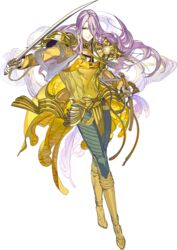  1boy arai_teruko armor blue_eyes full_body gloves hachisuka_kotetsu hachisuka_kotetsu_(kiwame) highres japanese_armor katana long_hair male_focus official_art purple_hair sheath shoulder_armor smile sode solo sword touken_ranbu transparent_background veil weapon white_gloves 