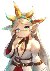  absurdres adjusting_eyewear bad_id bad_twitter_id belt breasts center_opening female glasses granblue_fantasy green_eyes hairband harvin highres long_hair pointy_ears small_breasts smile solo very_long_hair white_hair zahlhamelina 