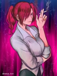  aozaki_touko bad_id bad_pixiv_id breasts business_casual cigarette female huge_breasts jewelry kara_no_kyoukai long_hair necklace ponytail red_eyes red_hair saaya_(32308) shirt smile smoking solo twitter_username 