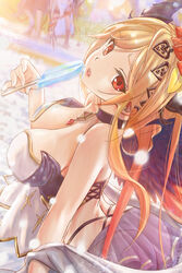  arched_back ass bad_id bad_pixiv_id blonde_hair blush breasts choker dark_angel_olivia female food gem granblue_fantasy highres ice_cream large_breasts long_hair looking_at_viewer olivia_(summer)_(granblue_fantasy) open_mouth photoshop_(medium) popsicle red_eyes rosie99 see-through shingeki_no_bahamut sidelocks solo swimsuit 