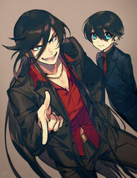  2boys black_hair blazer blue_eyes braid collared_shirt commentary_request earrings formal hand_in_pocket hebino_rai horikawa_kunihiro izumi-no-kami_kanesada jacket jewelry male_focus multiple_boys necklace open_mouth pointing shirt side_braid smile stud_earrings suit touken_ranbu 