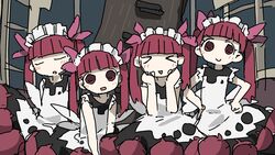  &gt;_&lt; 4girls :d apron black_dress blunt_bangs blush bonnet clenched_hands clone closed_eyes dress facing_viewer hair_ribbon hands_on_own_hips highres interior jaggy_lines kemurikusa looking_at_viewer multiple_girls open_mouth pink_ribbon rectangular_mouth red_eyes red_hair ribbon rina_(kemurikusa) short_hair sleeping sleeveless sleeveless_dress smile streetcar_interior triangle_mouth tsukumizu_yuu twintails vehicle_interior 