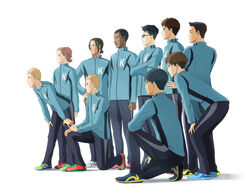  6+boys 7days_a_week akahiro_hirata arm_at_side black-framed_eyewear black_hair black_jacket blonde_hair blue_footwear brown_eyes brown_hair clenched_hand commentary_request crossed_arms dark-skinned_male dark_skin glasses green_footwear haiji_kiyose hands_on_legs hands_on_own_hips jacket jou_jirou jou_tarou kamara_musa kashiwazaki_akane kaze_ga_tsuyoku_fuiteiru kurahara_kakeru leaning_forward long_sleeves male_focus multiple_boys on_one_knee pants photoshop_(medium) ponytail red_footwear sakaguchi_youhei shoes short_ponytail simple_background sneakers standing tasaki_genichirou track_jacket track_pants white_background white_footwear yukihiro_iwakura 