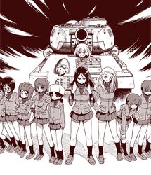  6+girls alina_(girls_und_panzer) bad_id bad_twitter_id carrying clara_(girls_und_panzer) closed_mouth commentary crossed_arms emblem extra frown fur_hat girls_und_panzer glasses greyscale halftone hand_on_own_hip hand_on_own_knee hat helmet highres inactive_account jacket katyusha_(girls_und_panzer) leaning_forward loafers long_hair long_sleeves looking_at_viewer military military_vehicle miniskirt monochrome motor_vehicle multiple_girls nina_(girls_und_panzer) nonna_(girls_und_panzer) oerba_yun_fang open_mouth pleated_skirt pravda_school_uniform round_eyewear sabaku_chitai school_uniform shadow shirt shoes short_hair shoulder_carry skirt sleeves_rolled_up smile socks standing standing_at_attention swept_bangs t-34 t-34-85 tank tank_helmet turtleneck ushanka v-shaped_eyebrows 