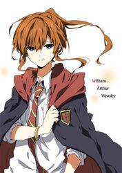  1boy bill_weasley bloomsbury_publishing bracelet character_name harry_potter long_hair male_focus necktie orange_hair robe school_uniform simple_background sleeves_pushed_up solo striped_necktie uniform 