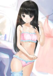  bad_id bad_pixiv_id bare_arms bare_shoulders black_eyes black_hair blush bow bow_panties bra breasts bridal_garter cinderella_bust closed_mouth clothes_hanger collarbone commentary_request dress dutch_angle female frilled_bra frilled_panties frills hand_up indoors long_hair looking_at_viewer mirror navel original panties pink_bra pink_dress pink_panties shii_(kairi-t-k0317) sleeveless sleeveless_dress small_breasts solo standing table underwear underwear_only unworn_dress vanity_table very_long_hair 