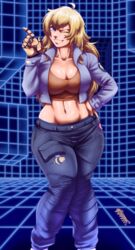  ;d absurdres ahoge blonde_hair breasts capcom_vs_snk_2 cargo_pants cleavage collarbone commentary commission crop_top cropped_jacket crossover curvy english_commentary feet_out_of_frame female grin groin hand_on_own_hip highres large_breasts long_hair midriff navel one_eye_closed open_mouth pants pltnm_ghost prosthesis prosthetic_arm purple_eyes rwby smile solo sports_bra standing toned training_room yang_xiao_long 