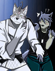  2014 5_fingers anthro bearlovestiger13 black_nose blush canid canine canis clothed clothing domestic_dog duo fingers fully_clothed hand_holding hi_res husky kouya_(morenatsu) male male/male mammal morenatsu muscular muscular_anthro muscular_male nordic_sled_dog scar shirt spitz standing tank_top ten_kodori topwear wolf 